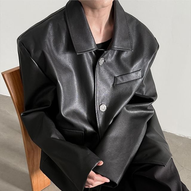 Nahagin-Collared Button-Up Plain Faux Leather Jacket