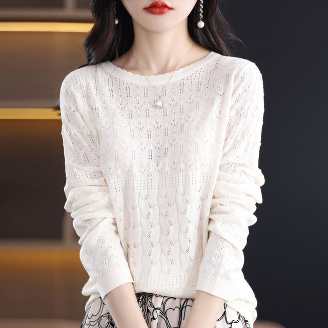 Weelop-Long-Sleeve Crew Neck Plain Pointelle Knit Top