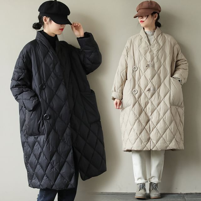Supernova-Stand Collar Plain Quilted Button-Up Long Coat