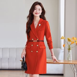 Skyheart Long-Sleeve V-Neck Plain Double-Breasted Sheath Blazer Dress Sale