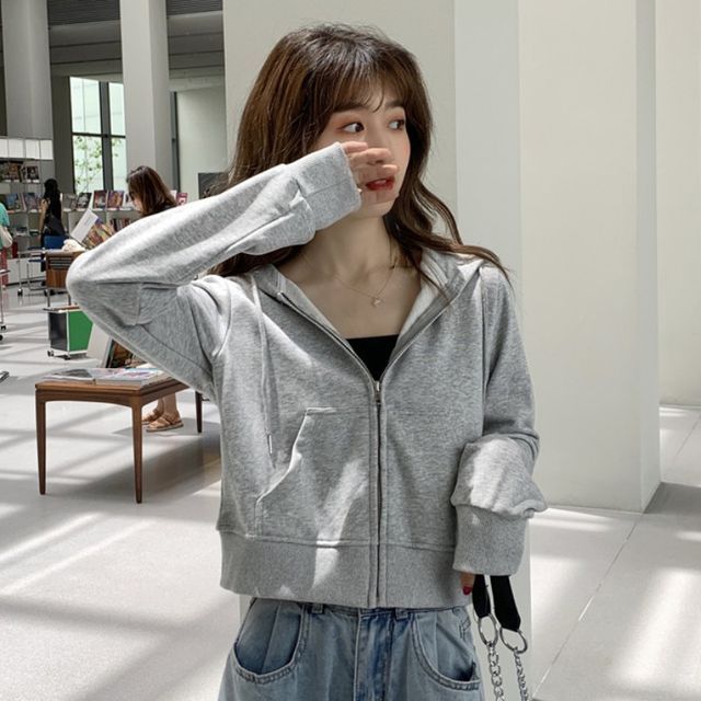 INEN-Plain Cropped Zip-Up Hoodie