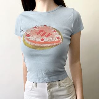 Trisica Short-Sleeve Crew Neck Cake Print T-Shirt