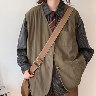 Plummie-V-Neck Plain Corduroy Button Vest