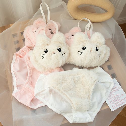 Mimimint - Set: Cartoon Cat Embroidered Fluffy Bra + Panties