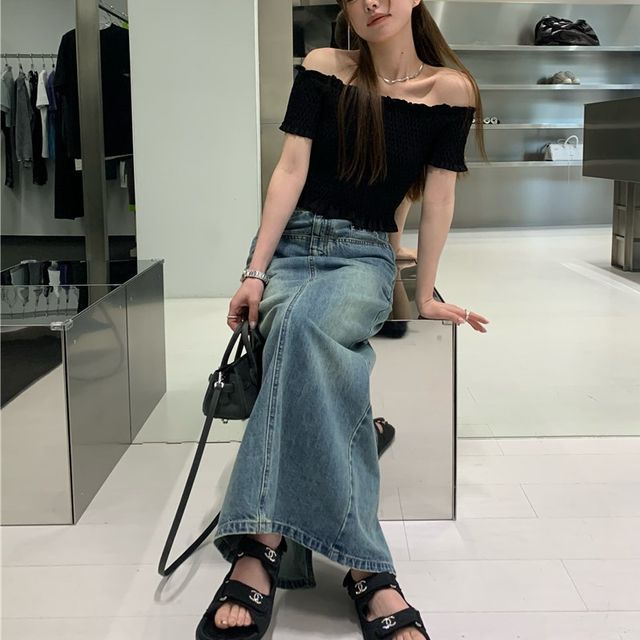 Magma Short-Sleeve Off Shoulder Plain Shirred Crop Top High