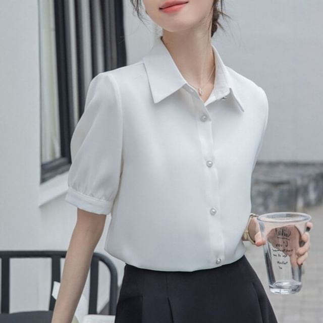 Dragan Pulse-Elbow-Sleeve Collared Button-Up Plain Blouse