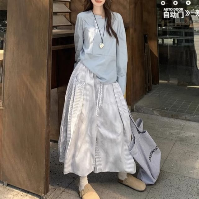 Trendycas-Long-Sleeve Asymmetrical Neck Plain Slit Blouse Drawstring Waist Striped Cropped Wide Leg Pants