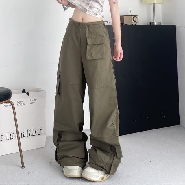 Porstina-Drawstring Waist Plain Baggy Cargo Pants