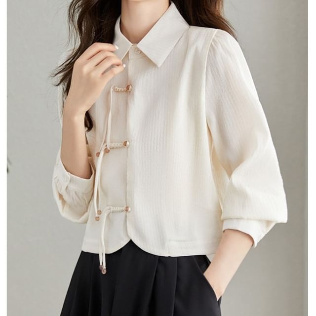 Jeonseon-Long-Sleeve Plain Frog Button Crop Shirt