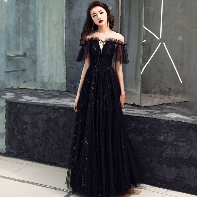 Mackizin - Short-Sleeve Cold Shoulder Glitter Ruffle Tie Front Mesh A-Line Evening Gown / Cocktail Dress | YesStyle Mackizin - Short-Sleeve Cold Shoulder Glitter Ruffle Tie Front Mesh A-Line Evening Gown / Cocktail Dress | YesStyle