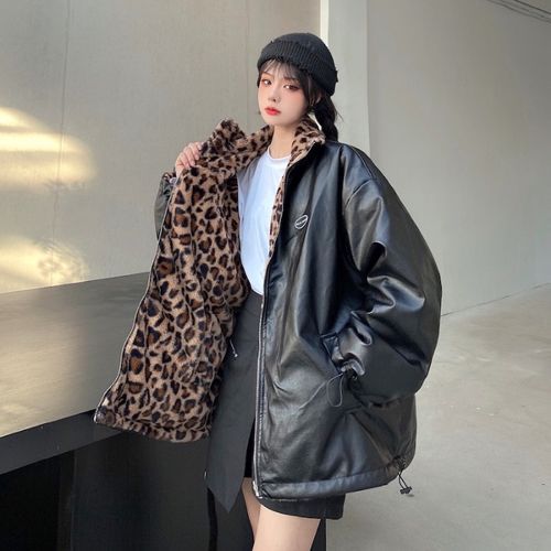 Leopard print leather on sale jacket