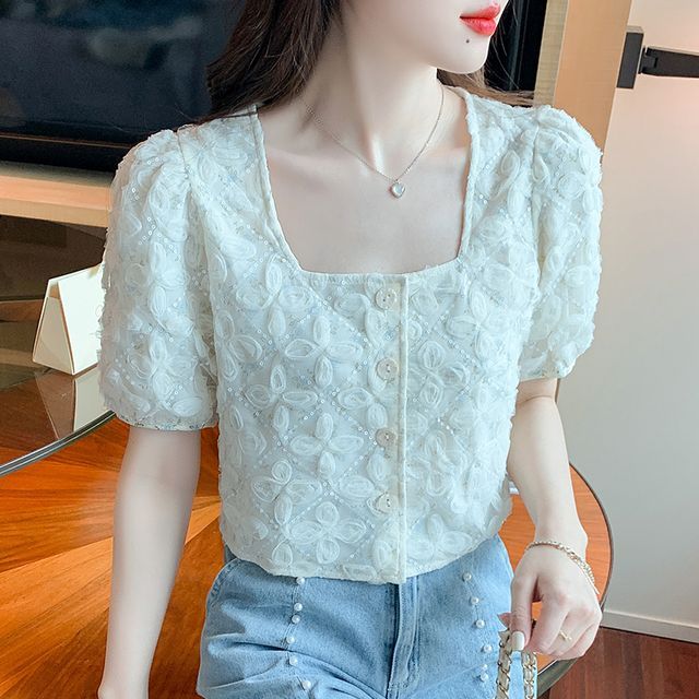 Dragan Pulse-Puff-Sleeve Square-Neck Lace Blouse