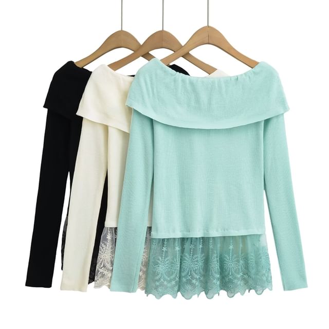 Ulark-Long-Sleeve Off-Shoulder Plain Lace Panel Knit Top