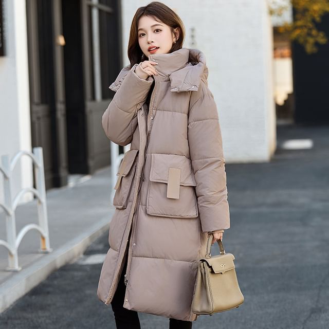 Sienne - Stand Collar Plain Hood Midi Zip Puffer Coat | YesStyle