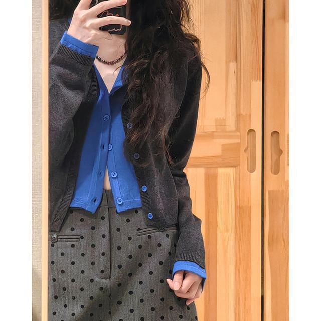 GOUB-V-Neck Mock Two Piece Button Up Cropped Cardigan