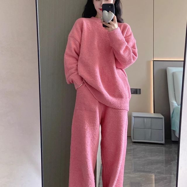 GOUB-Set Crew Neck Plain Sweater Mid Waist Plain Harem Pants