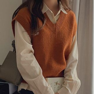 brown sweater vest outfit