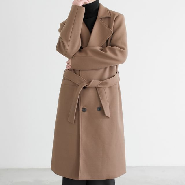 DAZO Studios-Lapel Collar Plain Double-Breasted Belted Long Coat
