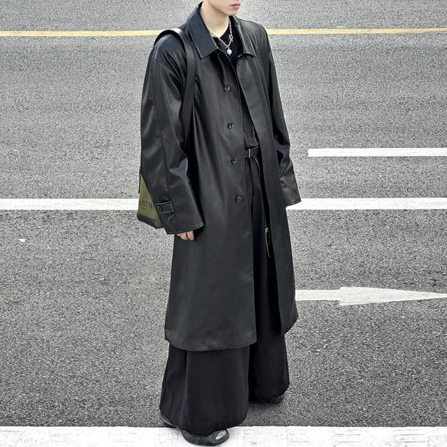 DragonRoad-Collared Plain Faux Leather Midi Button Coat