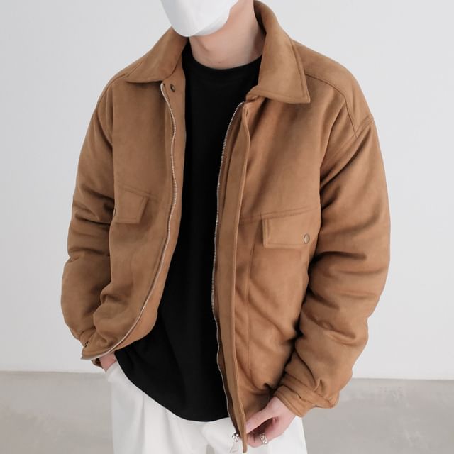 DAZO Studios-Lapel Collar Plain Zip Bomber Jacket