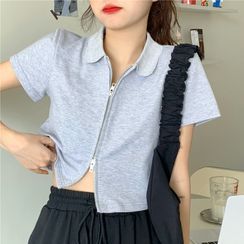 merryberry - Short-Sleeve Zip-Up Cropped Shirt merryberry - Short-Sleeve Zip-Up Cropped Shirt