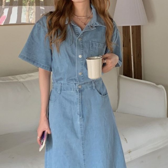 Short-Sleeve Collared Washed Button Maxi A-Line Denim Dress