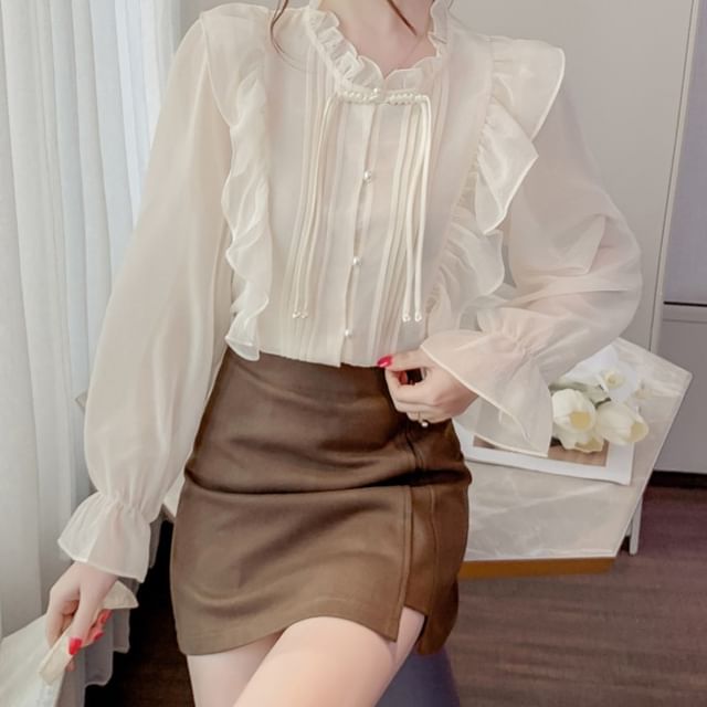 Dragan Pulse-Ruffle Stand Collar Button Up Blouse