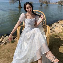 Yuxi - Short-Sleeve Floral Print Midi A-Line Dress