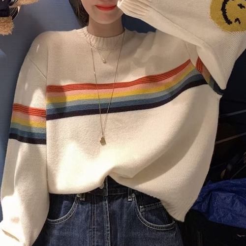 Handknitted oversized smiley face rainbow outlet jumper