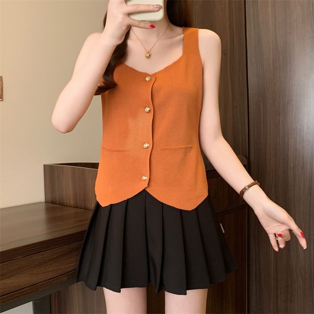 OUREA-Scoop Neck Button-Up Plain Crop Vest