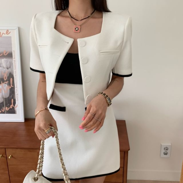 MIKIGA-Set Short Sleeve Square Neck Contrast Trim Crop Button Jacket High Waist Mini Pencil Skirt