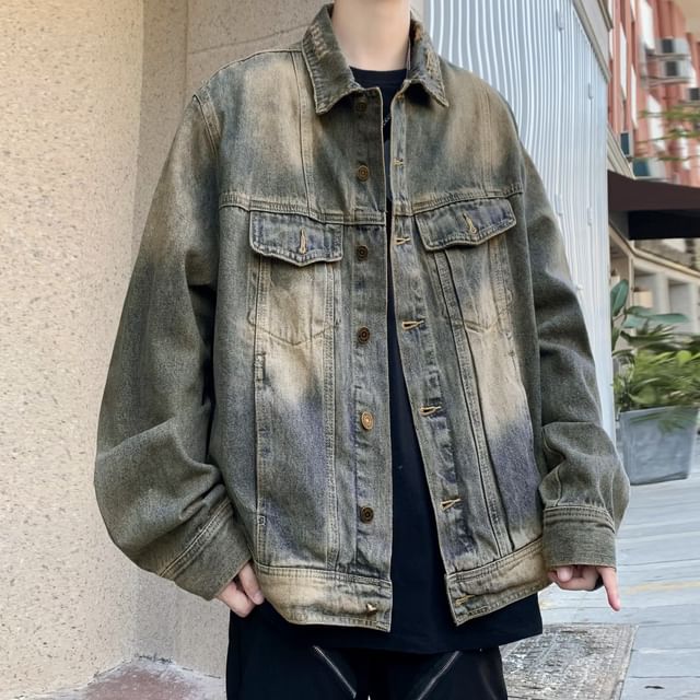 Ateso-Collar Distressed Washed Denim Button Jacket Mid Rise Loose Fit Jeans Set