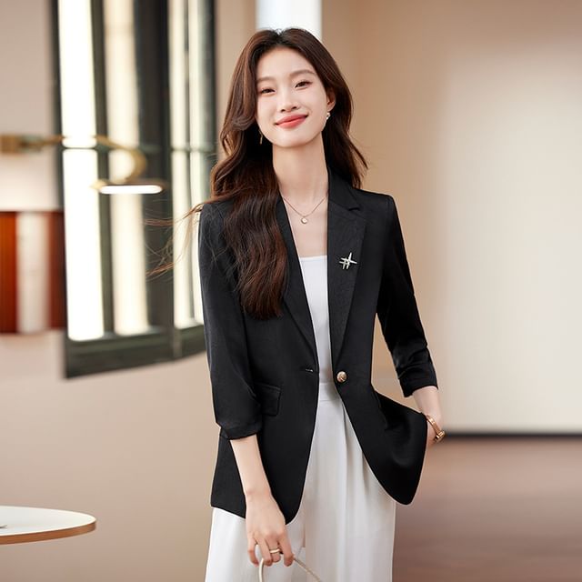 Skyheart-Elbow Sleeve Notch Lapel Plain Single Breasted Blazer