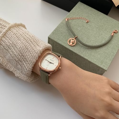Tacka Watches - Set: Genuine Leather Strap Watch + Triangle Open Bangle |  YesStyle