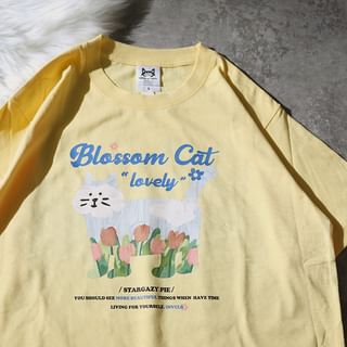 OSIGRANDI Short-Sleeve Cat Print T-Shirt Almond M