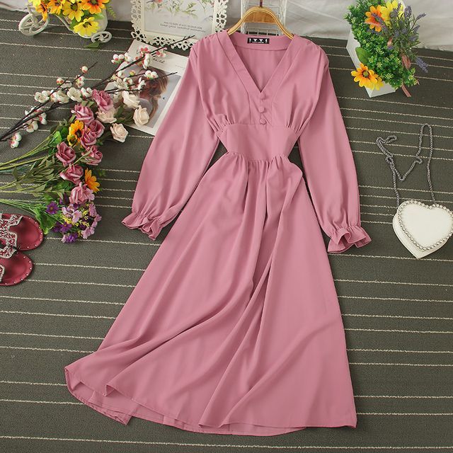 Knutsford Plain VNeck Midi ALine Dress YesStyle