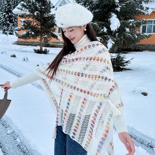Frior-Melange Tassel Perforated Shawl
