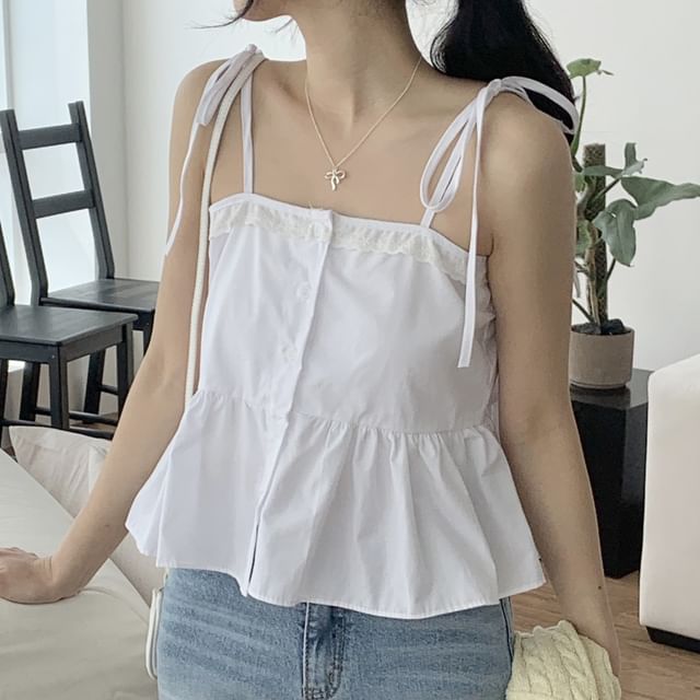 Dute-Tie Shoulder Plain Peplum Button Cami Top