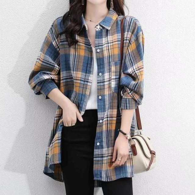 Lucuna-Long Sleeve Collared Plaid Button Down Shirt Jacket