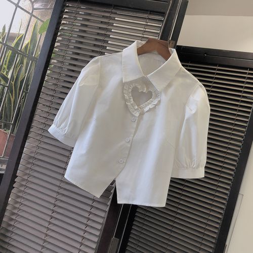 Onjo - Puff-Sleeve Ruffle Heart Cutout Shirt | YesStyle