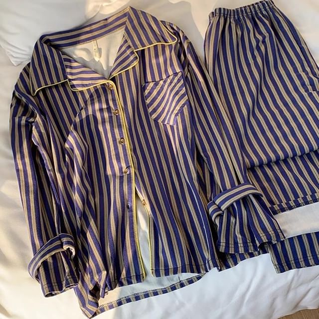 GOUB-Pajama Set Striped Button-Up Shirt Pants