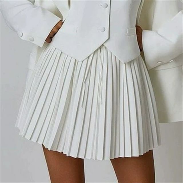 Asiris-High Waist Plain Mini Pleated Skirt