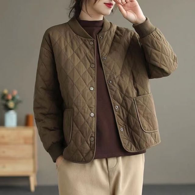 INEN-Plain Quilted Button Bomber Jacket