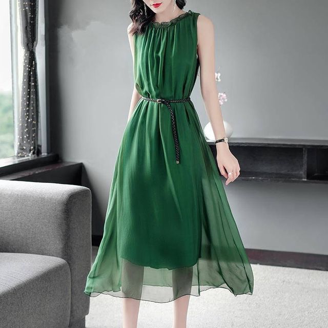 INEN - Sleeveless Crew Neck Chiffon Midi A-Line Dress | YesStyle