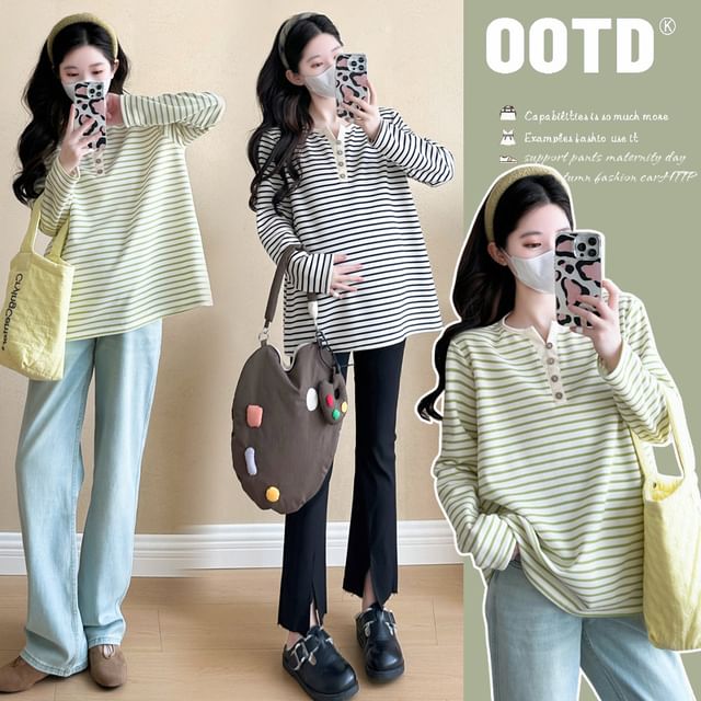 NEUF-Maternity Long-Sleeve Henley Striped Tee