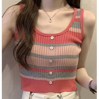 Isaaca-Scoop Neck Striped Button Crop Knit Tank Top
