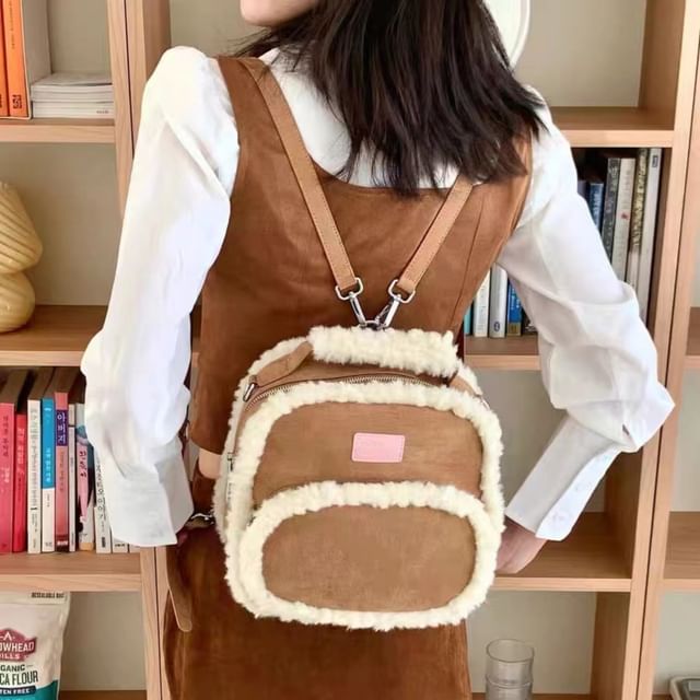Basaran-Faux Shearling Trim Backpack