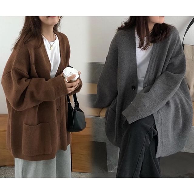 Lewwe-V-Neck Button-Up Plain Cardigan