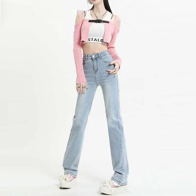 Everose-High Rise Washed Straight Leg Jeans