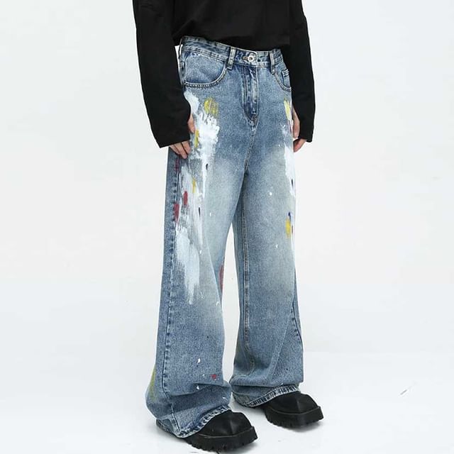 Adothuiastic-Mid Rise Paint Washed Wide-Leg Jeans